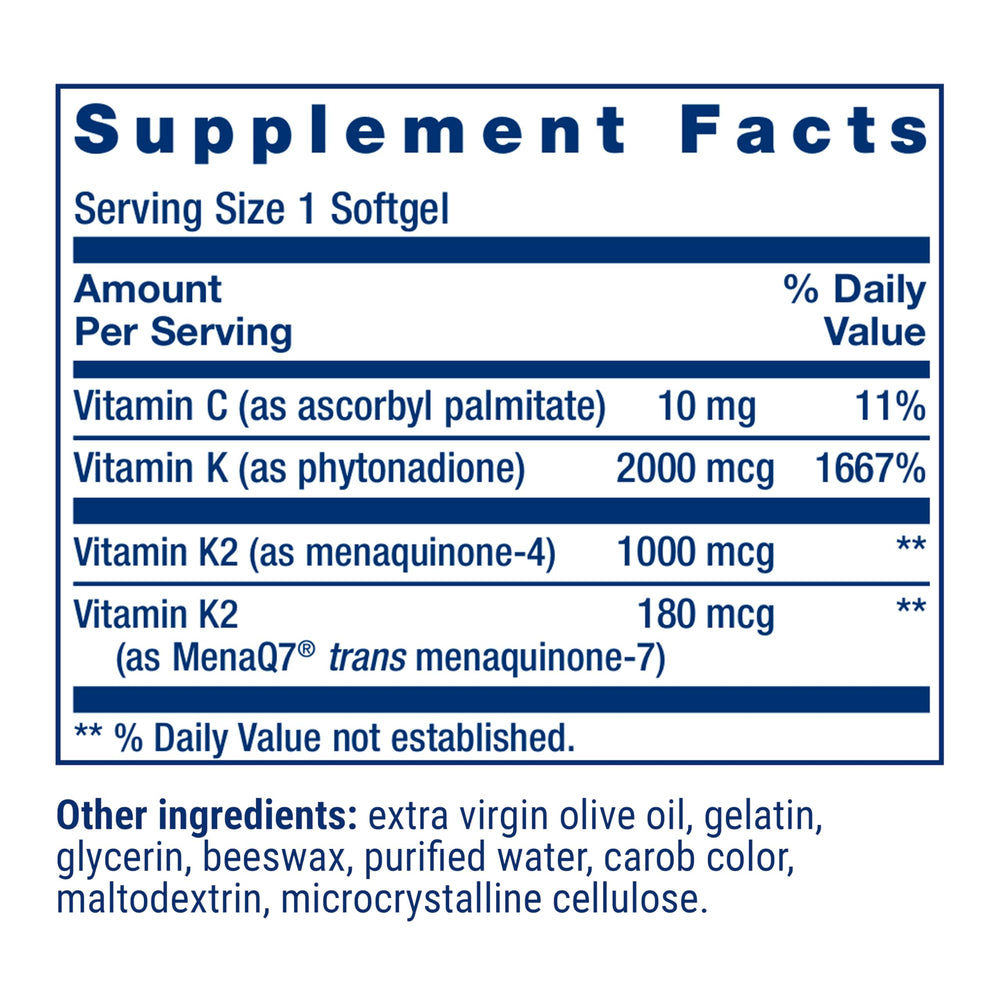 Life Extension Super K label detail highlights K1 and two forms of K2.