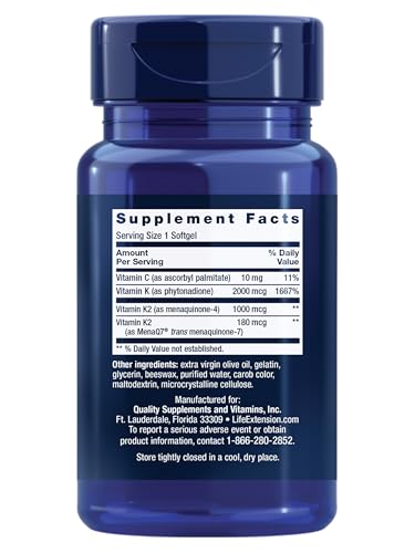 Life Extension Super K softgel closeup, glossy capsule texture for daily vitamin K supplementation.