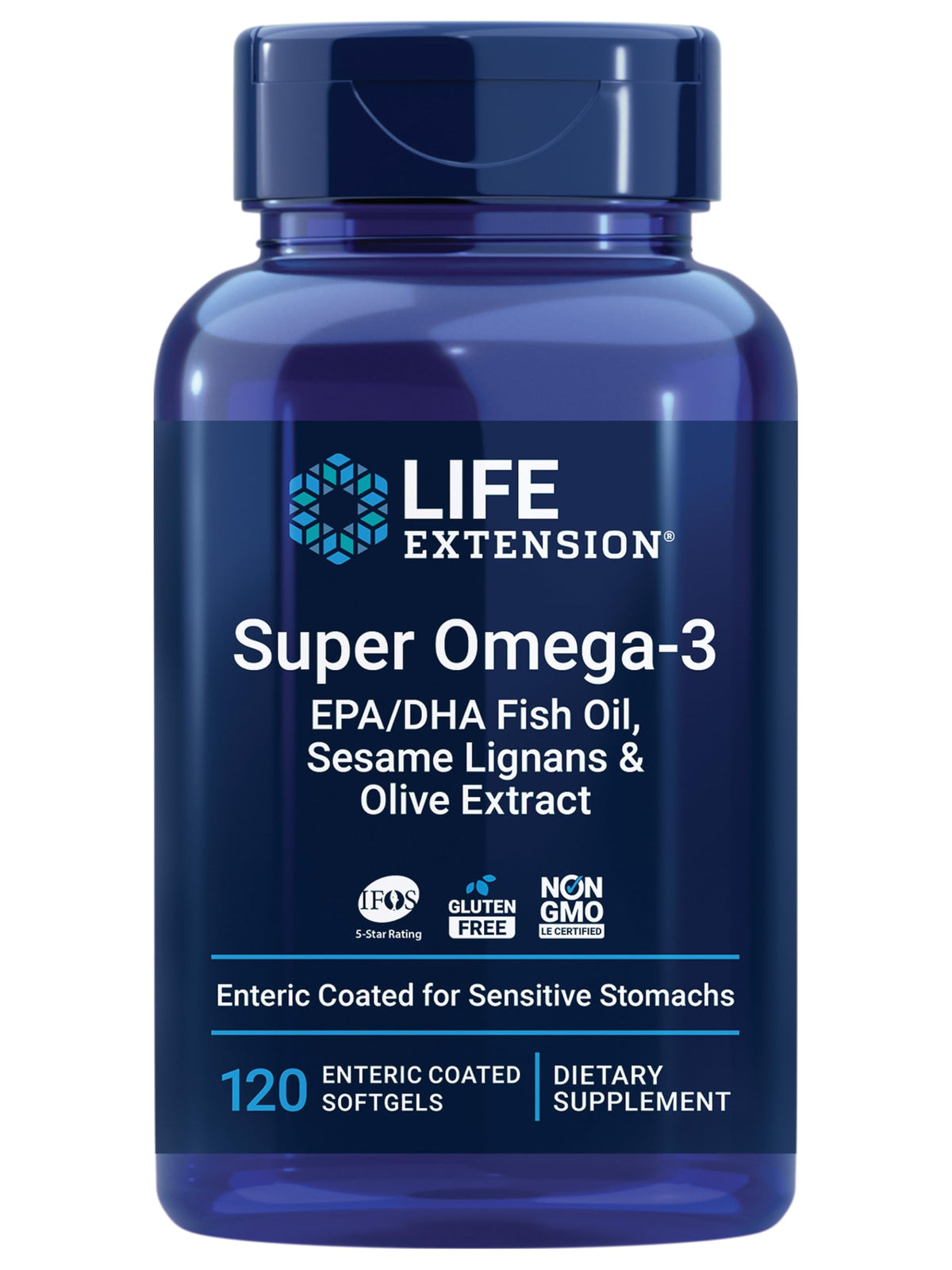 Life Extension Super Omega-3 bottle with capsules for easy daily omega-3 support.