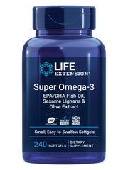 Life Extension Super Omega-3 bottle on display, supporting heart and brain health.