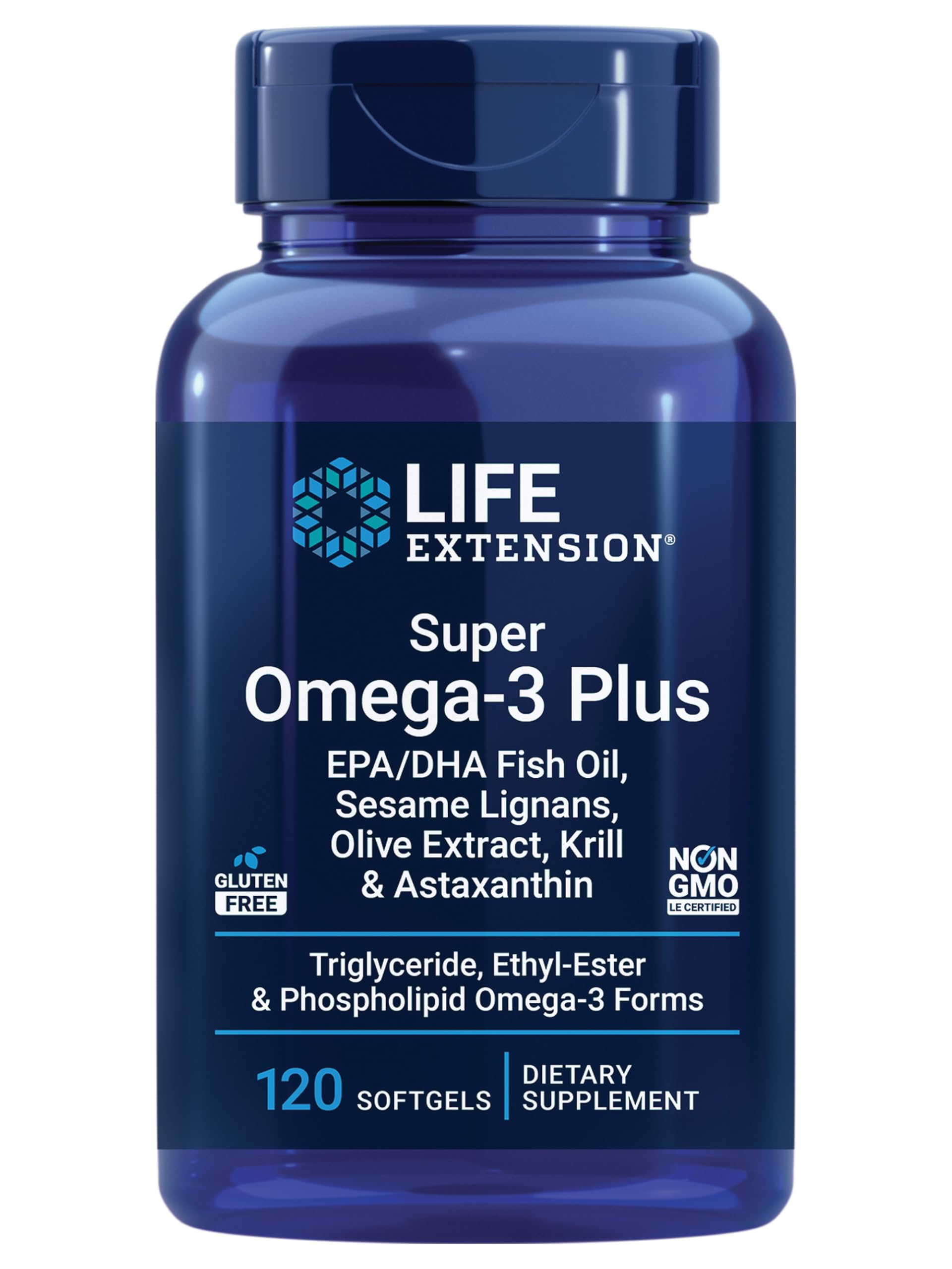 Life Extension Super Omega-3 Plus bottle with softgels for daily heart and brain support.