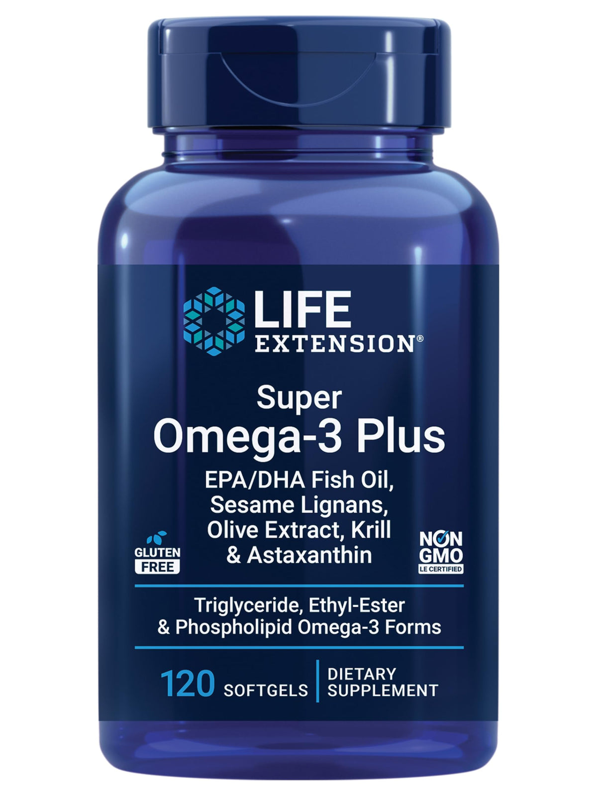 Life Extension Super Omega-3 Plus bottle with softgels for daily heart and brain support.