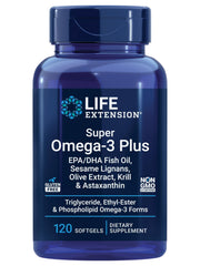 Life Extension Super Omega-3 Plus bottle with softgels for daily heart and brain support.