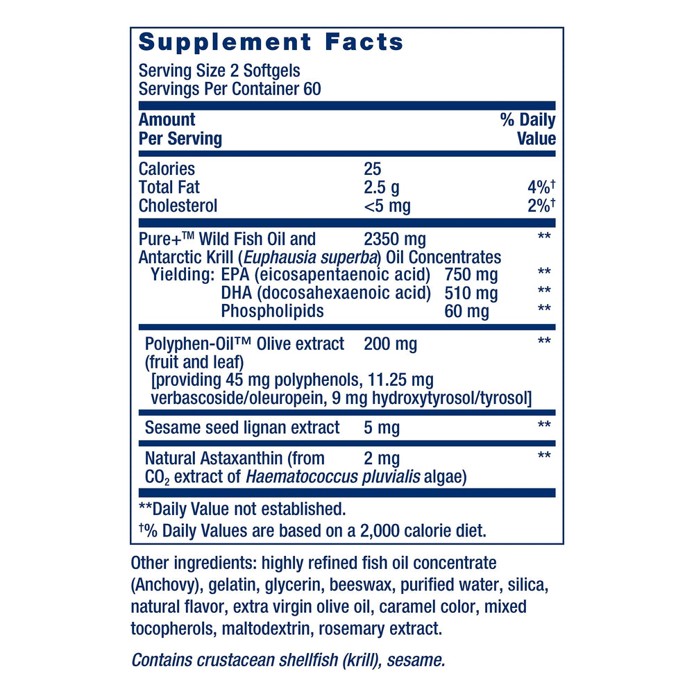 Krill oil softgels image emphasizing joint comfort and cognitive support.