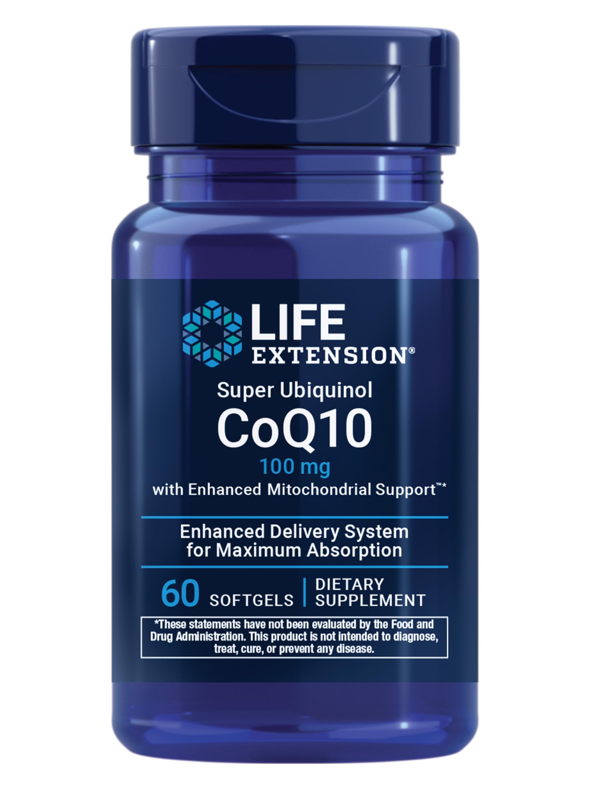 Life Extension Super Ubiquinol bottle front: supports heart health and cellular energy.