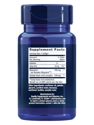 Life Extension Super Ubiquinol bottle side label: shows enhanced absorption and gluten-free quality.