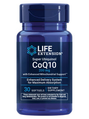 Life Extension Super Ubiquinol CoQ10 bottle front showing 30 softgels for daily energy support.