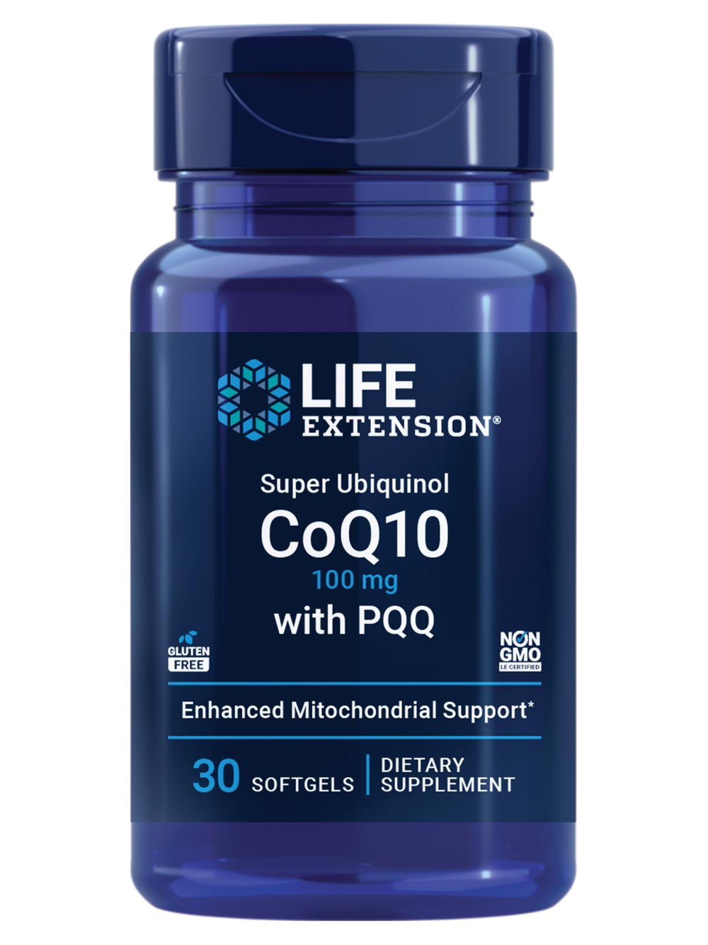 Life Extension Super Ubiquinol CoQ10 bottle label highlights bioavailable formula for heart support.