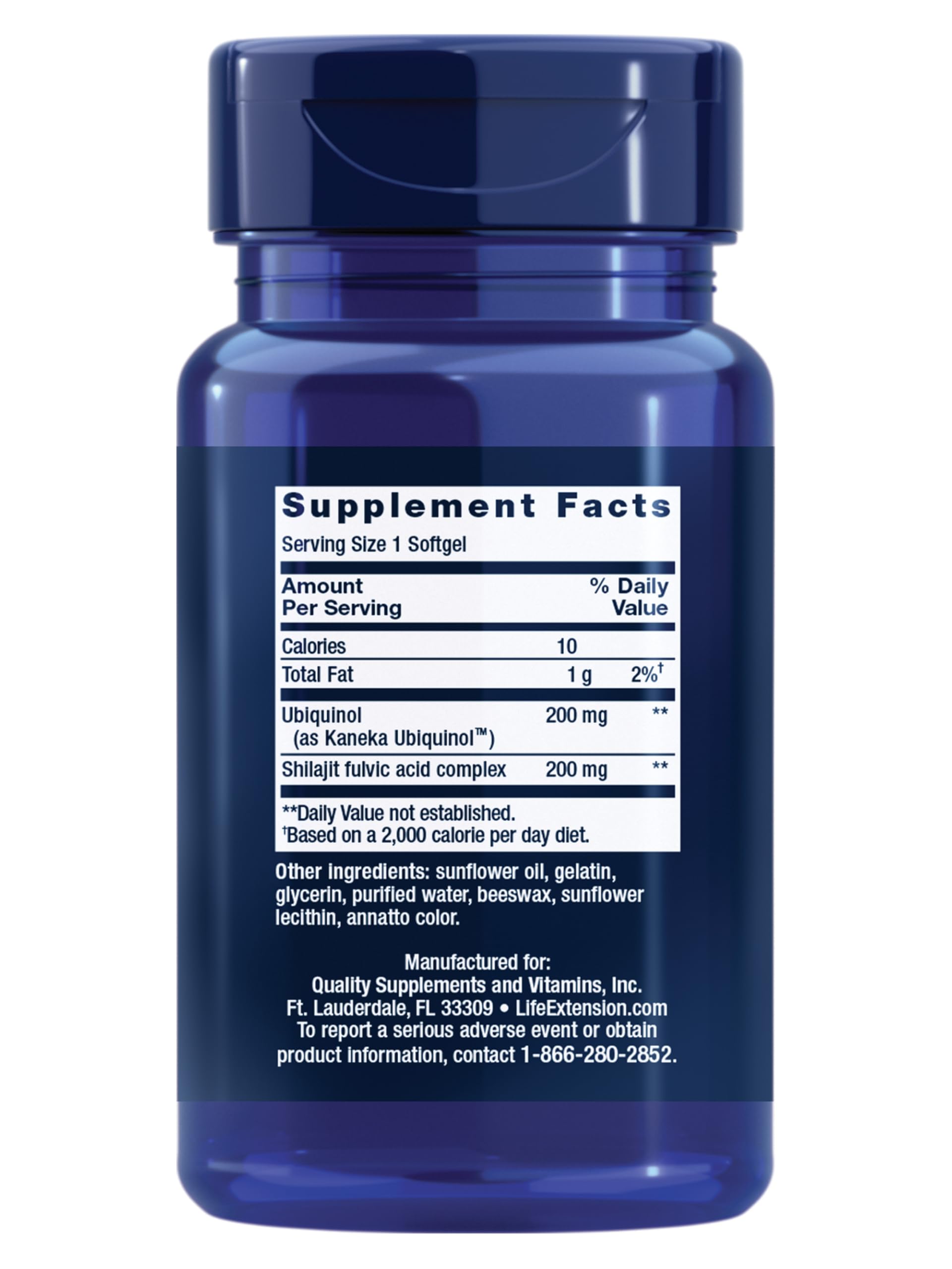 Life Extension CoQ10 bottle side reveals gluten-free and non-GMO labeling.