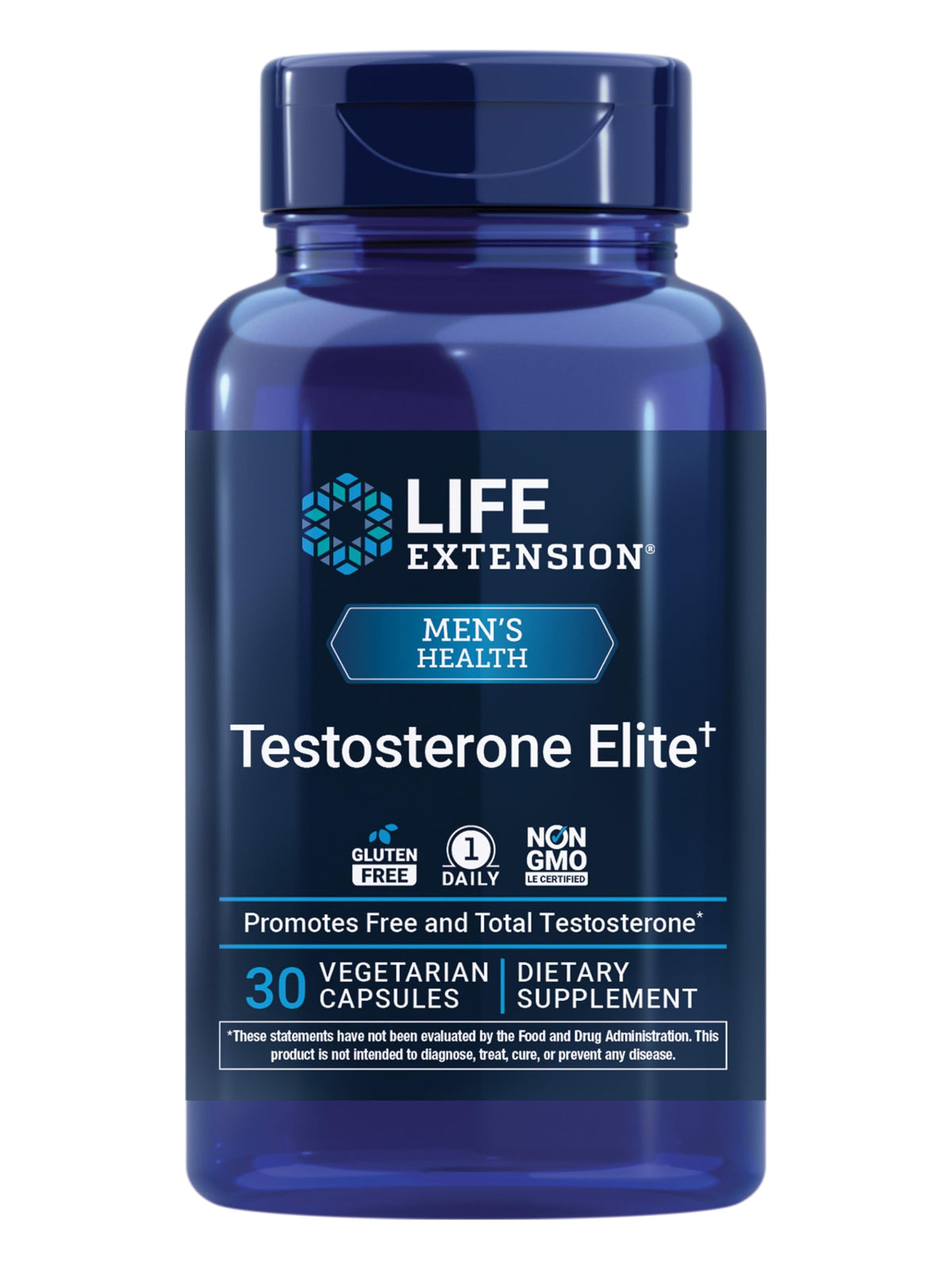 Life Extension Testosterone Elite bottle with capsules for daily support of testosterone levels