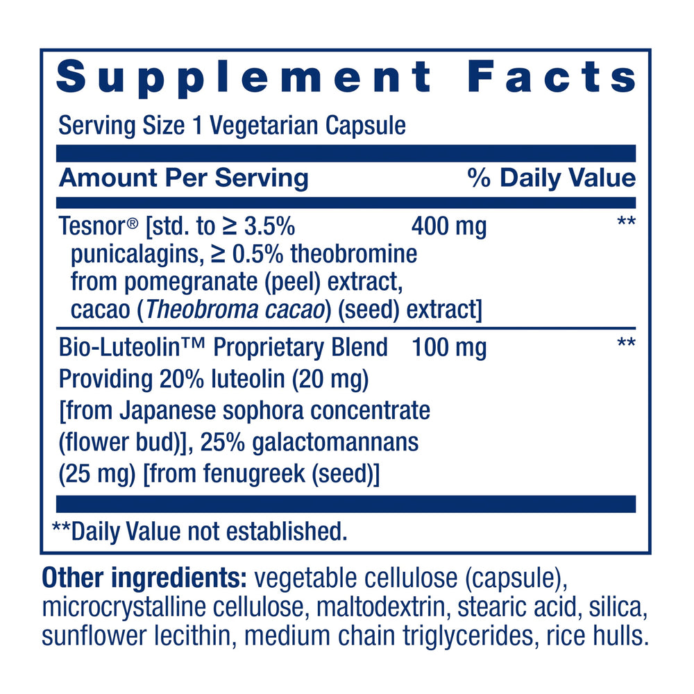Life Extension Testosterone Elite label showing pomegranate and cacao ingredients