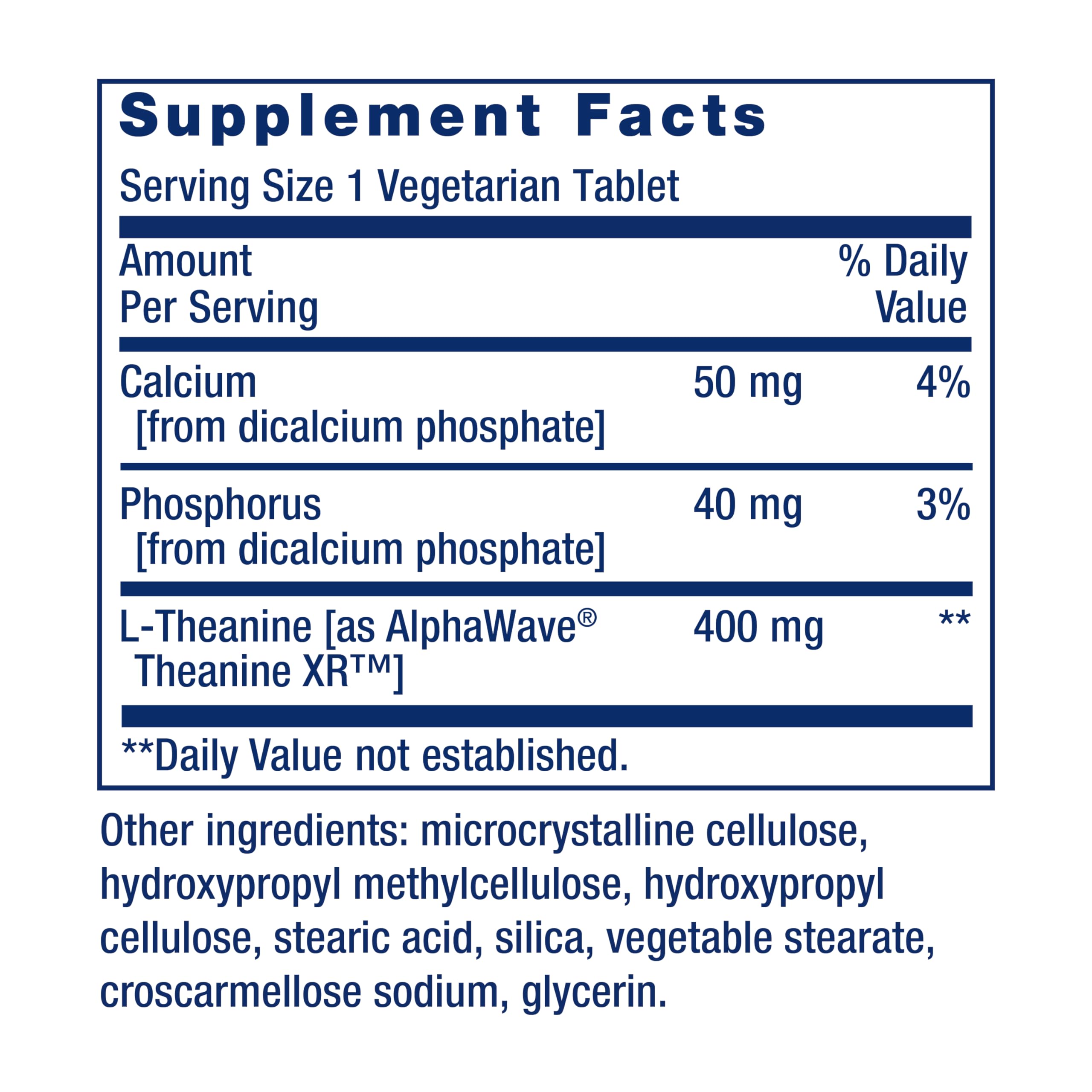 Label detail of Life Extension Theanine XR showing non-GMO and gluten-free ingredients.