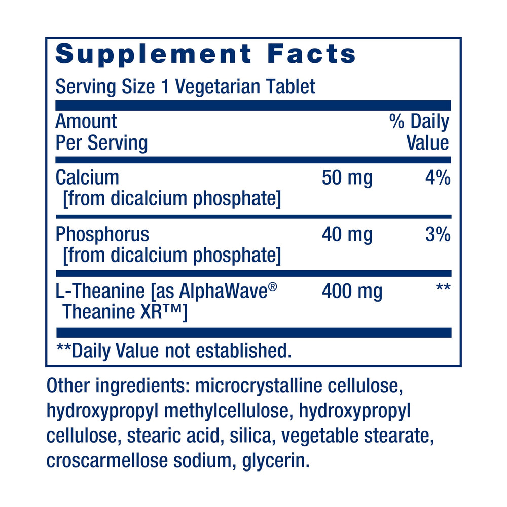 Label detail of Life Extension Theanine XR showing non-GMO and gluten-free ingredients.