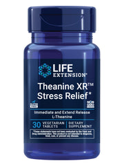 Life Extension Theanine XR Stress Relief bottle promoting daytime calm and focus.