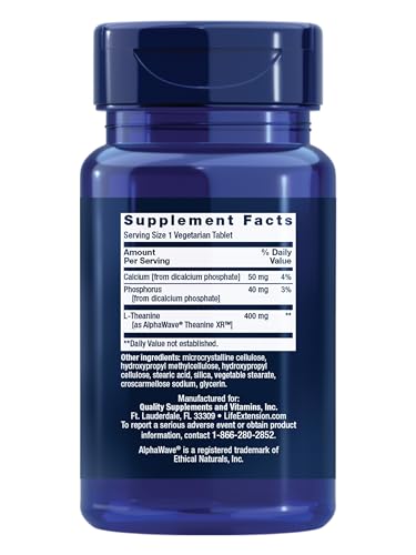 Close-up of Life Extension Theanine XR tablets, highlighting extended-release formula.