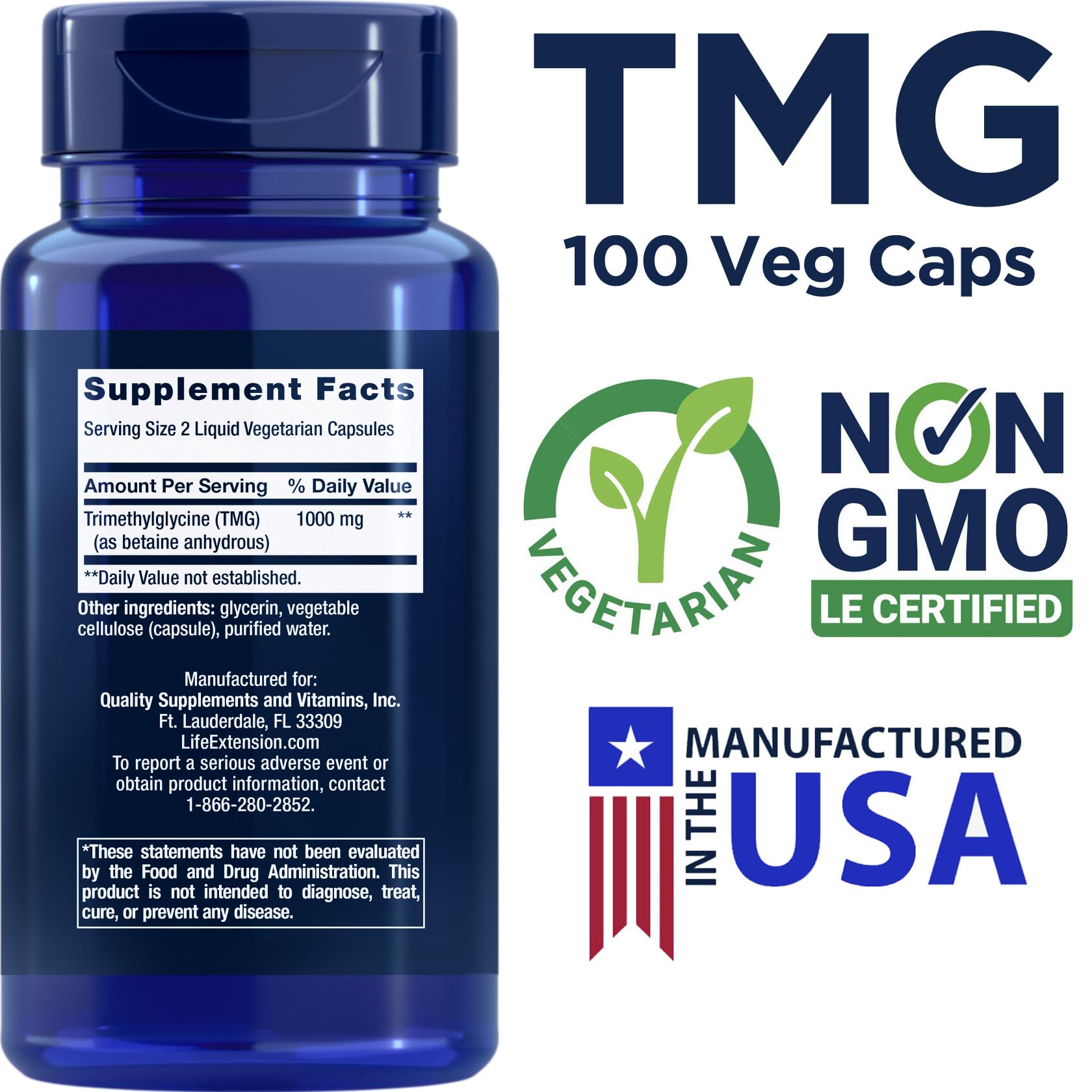 Life Extension TMG capsules: vegetarian capsules for potential holistic support.