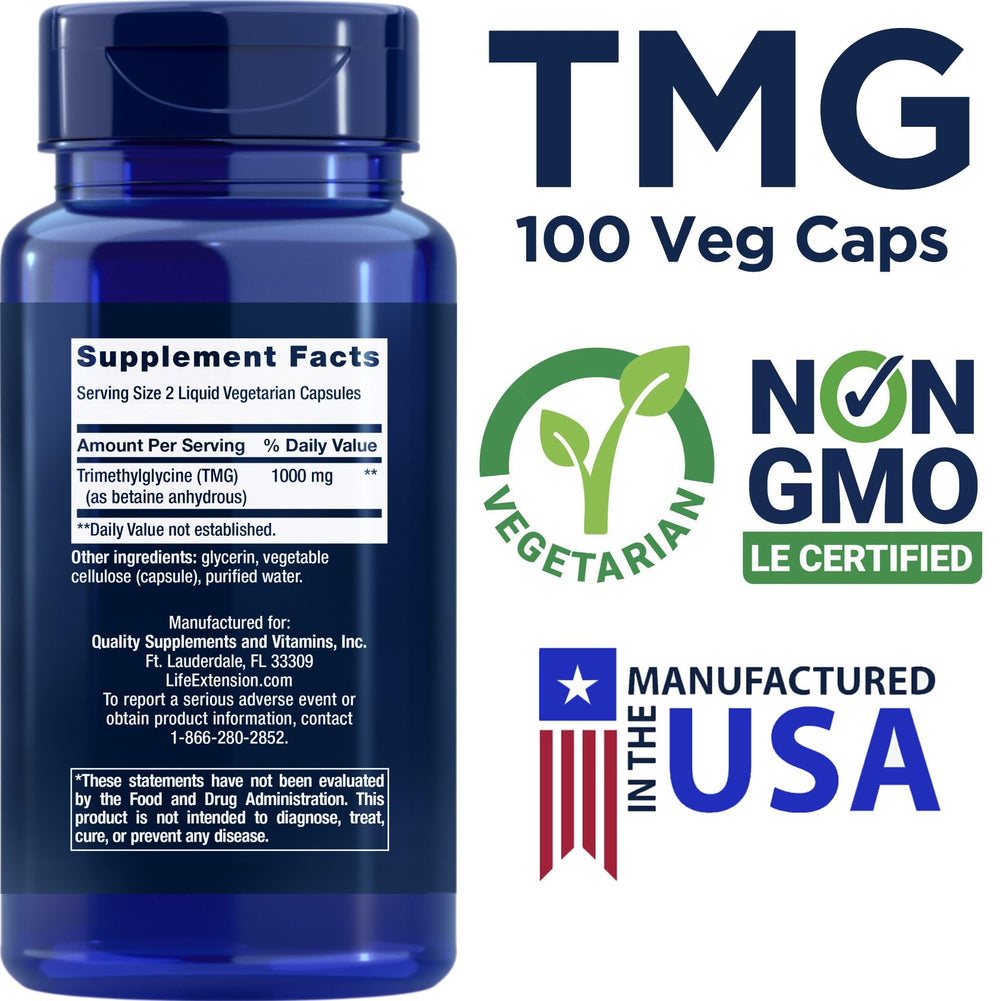 Life Extension TMG capsules: vegetarian capsules for potential holistic support.