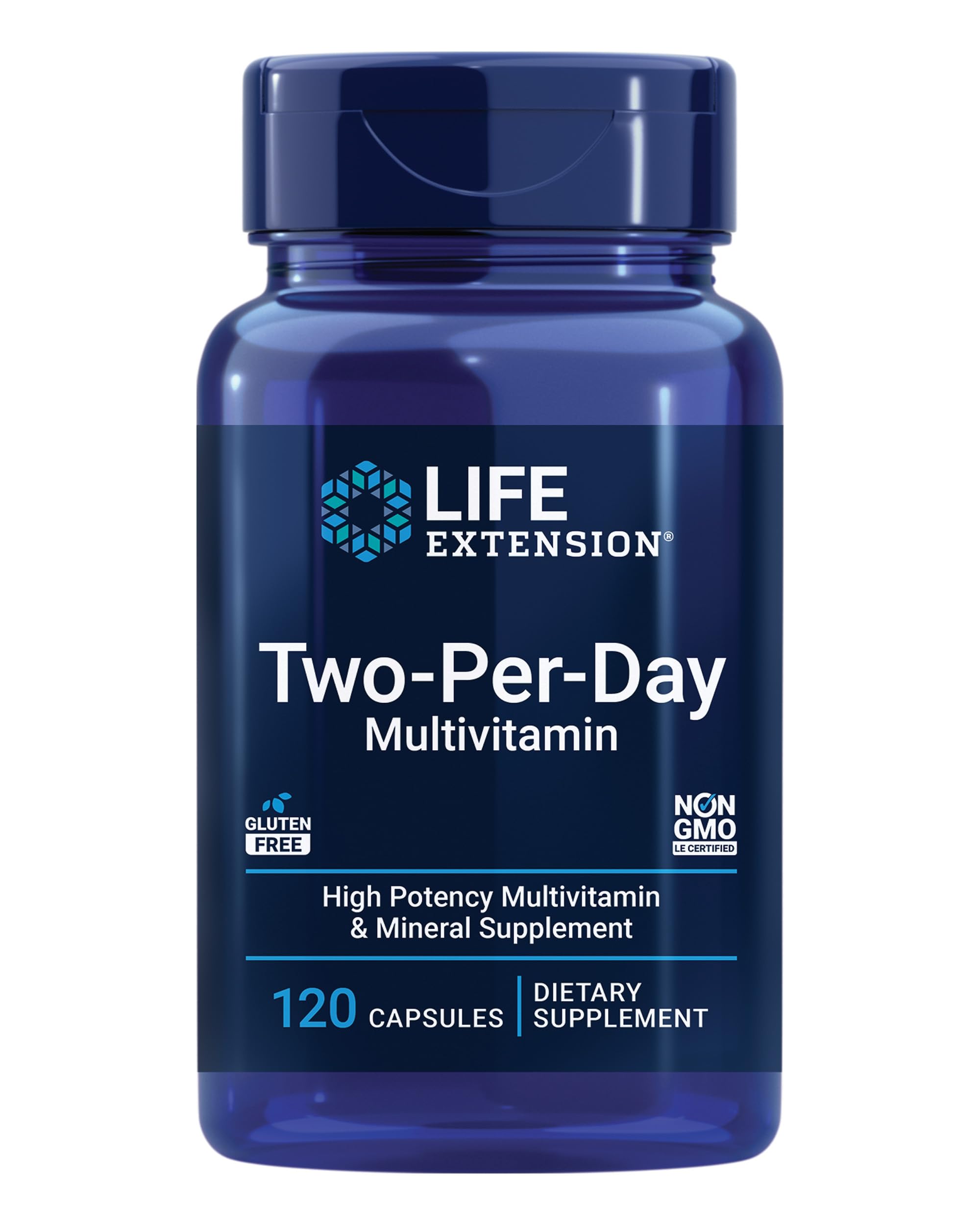 Life Extension Two-Per-Day bottle front showcases a comprehensive daily multivitamin for everyday wellness.