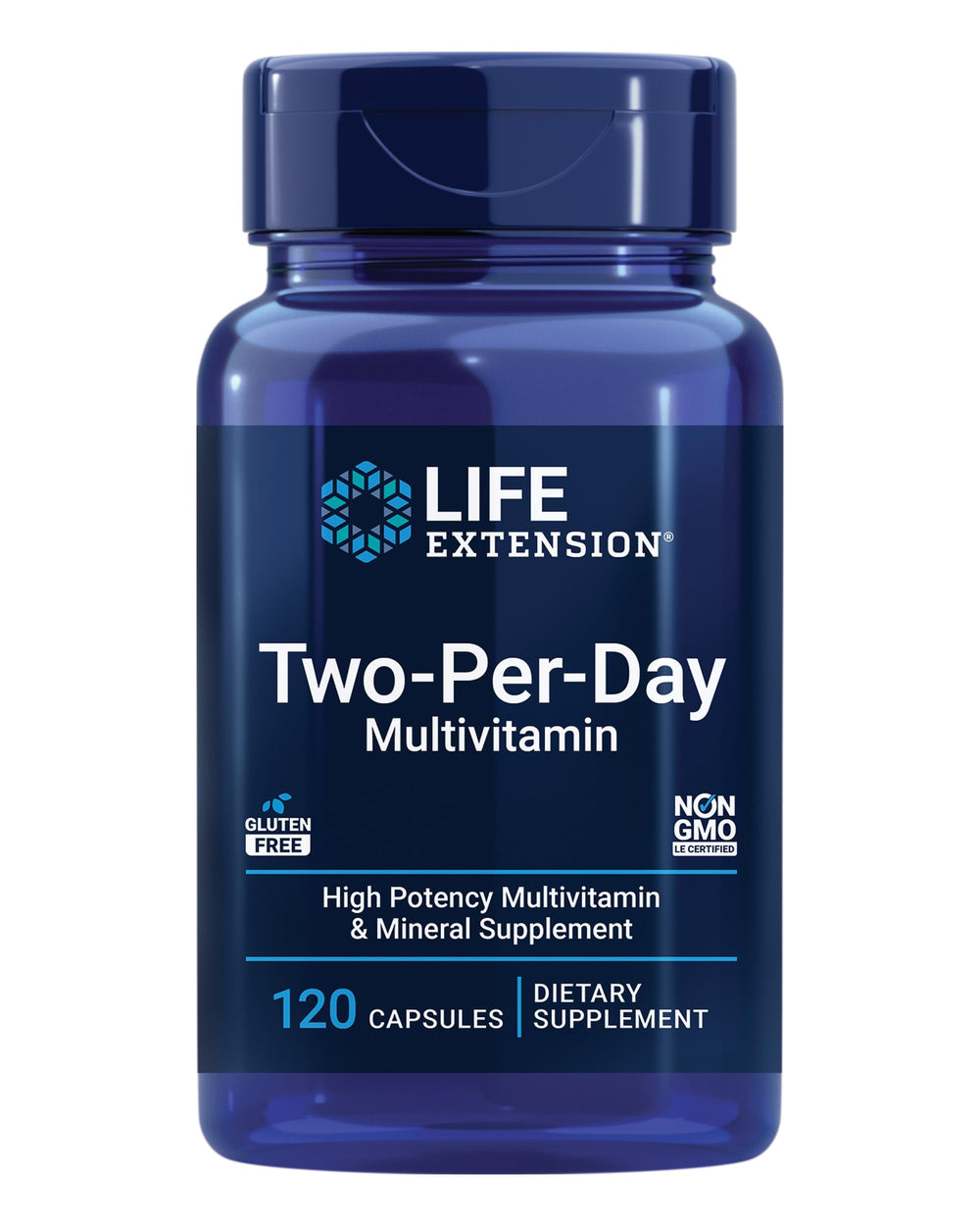 Life Extension Two-Per-Day bottle front showcases a comprehensive daily multivitamin for everyday wellness.