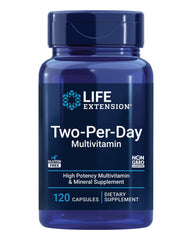 Life Extension Two-Per-Day bottle front showcases a comprehensive daily multivitamin for everyday wellness.