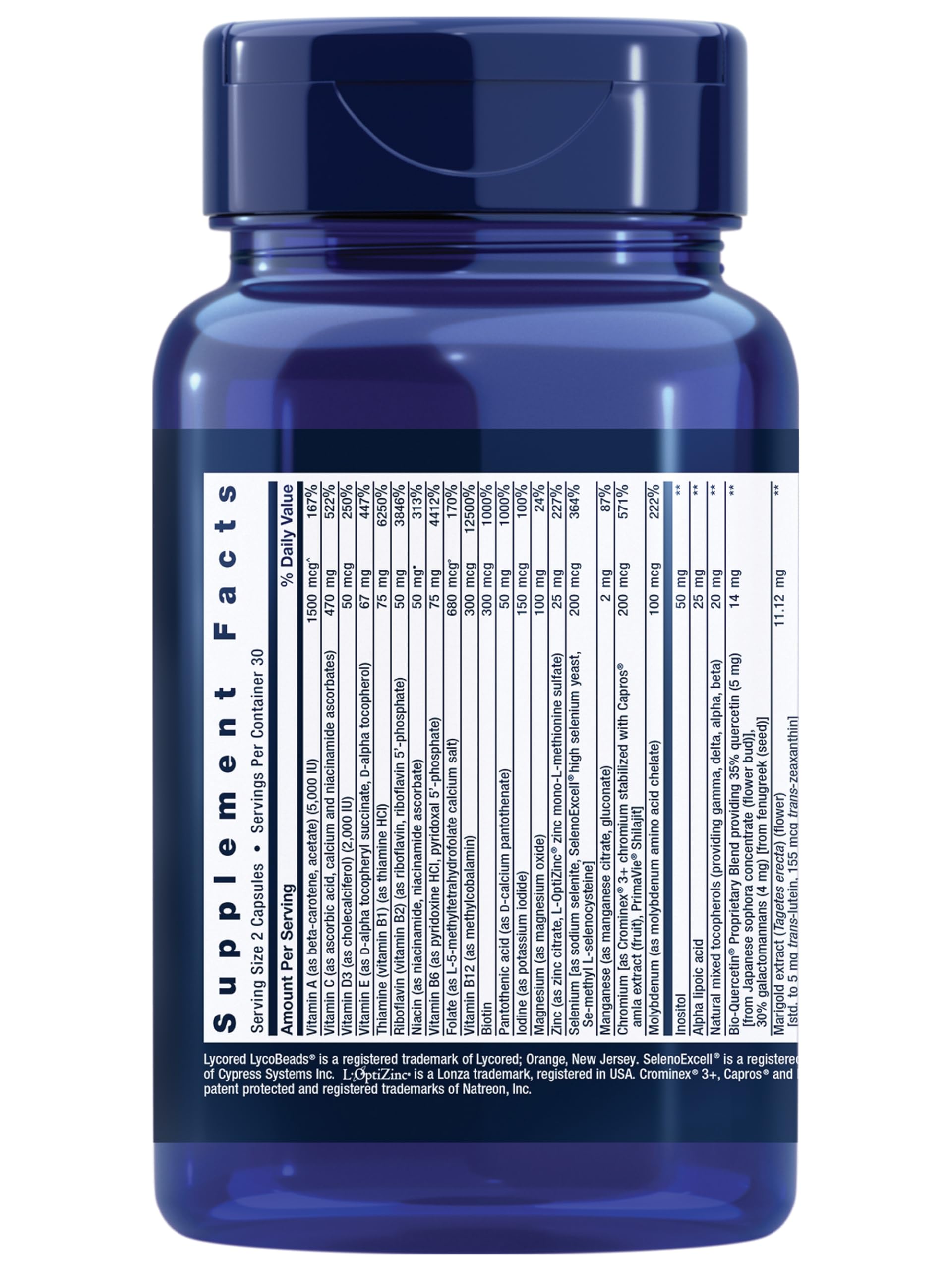 Life Extension Two-Per-Day bottle label showing gluten-free and non-GMO