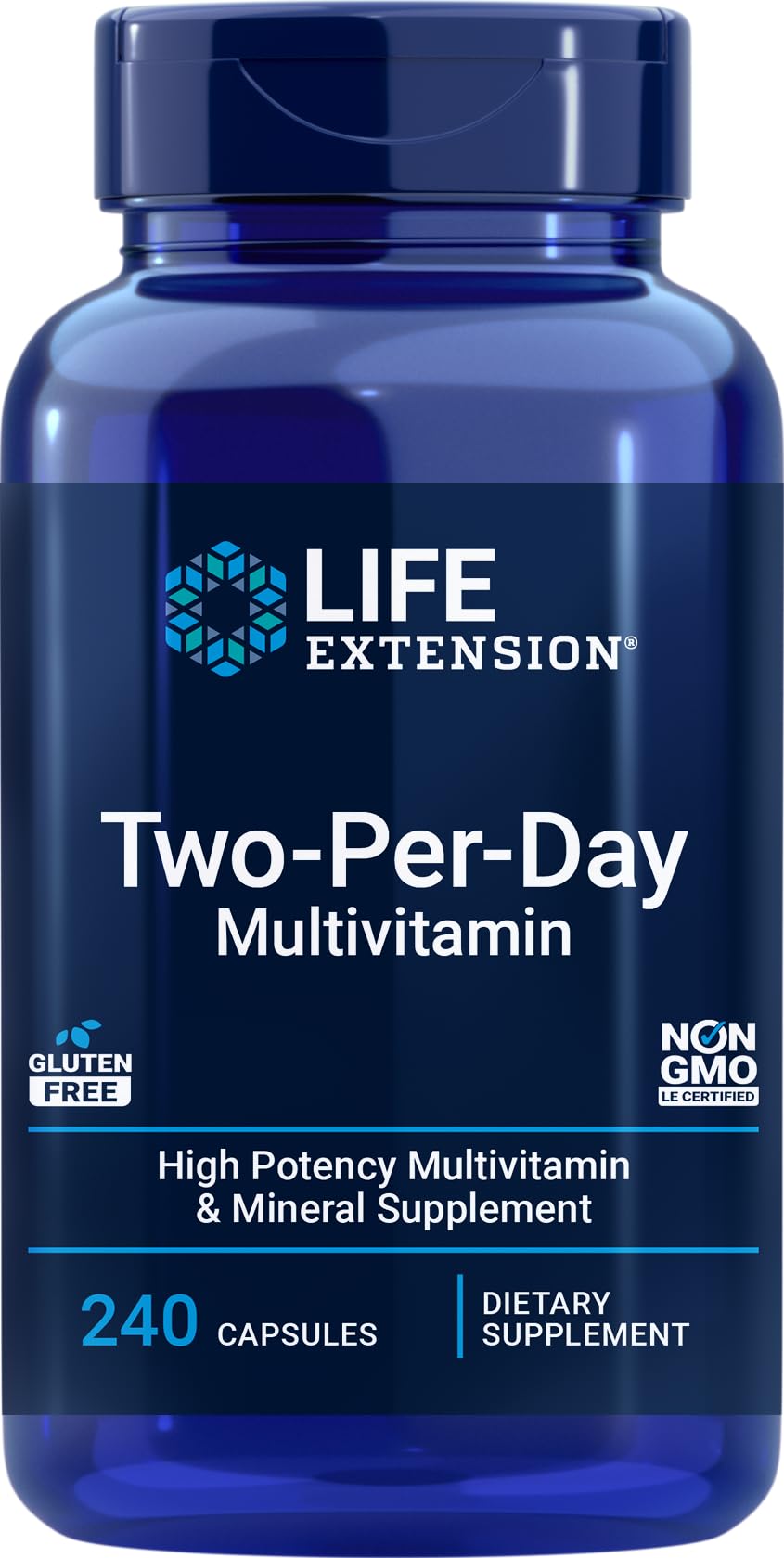 Life Extension Two-Per-Day bottle close-up for daily wellness foundation.