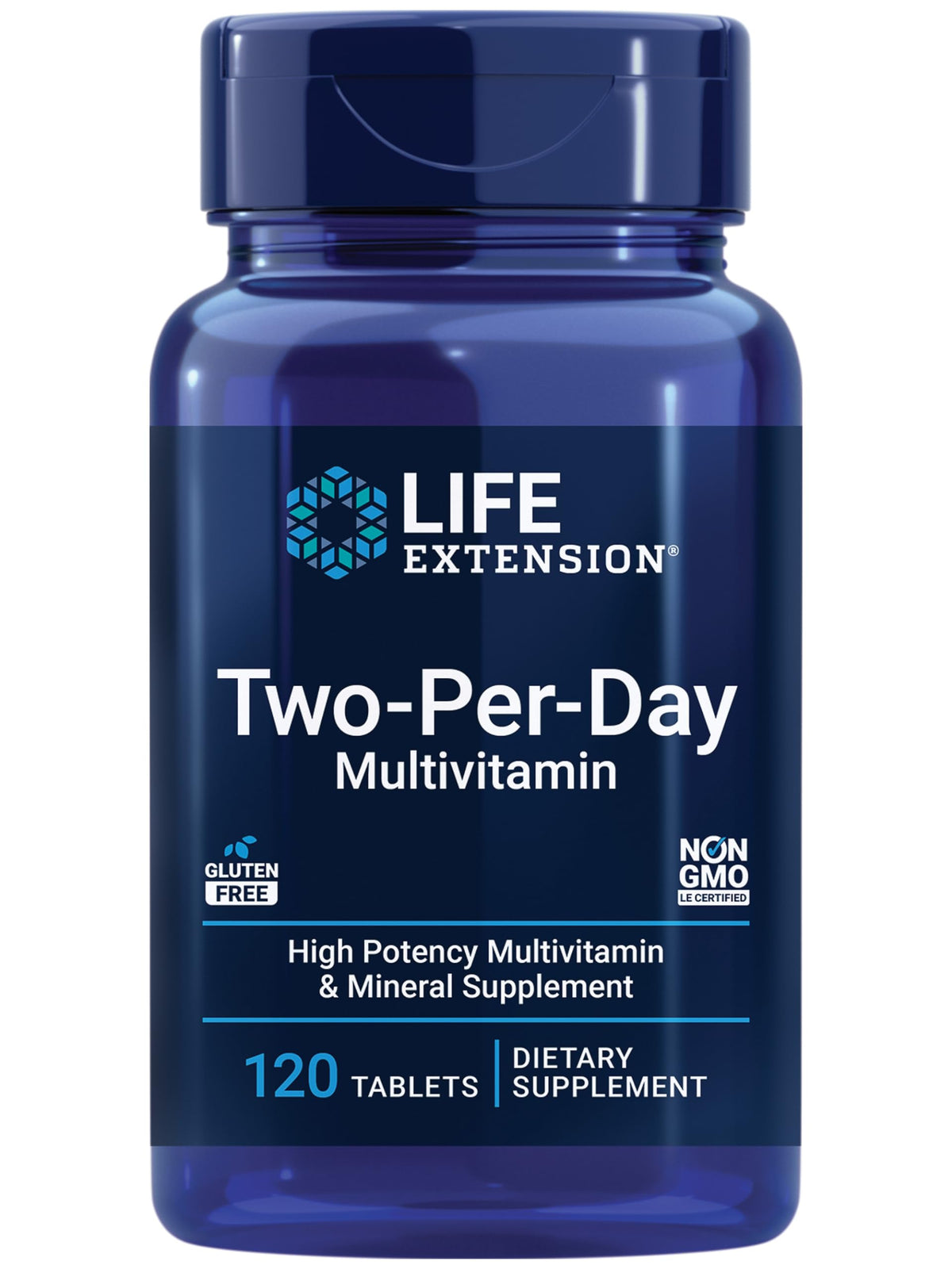 Life Extension Two-Per-Day multivitamin bottle front promoting daily wellness
