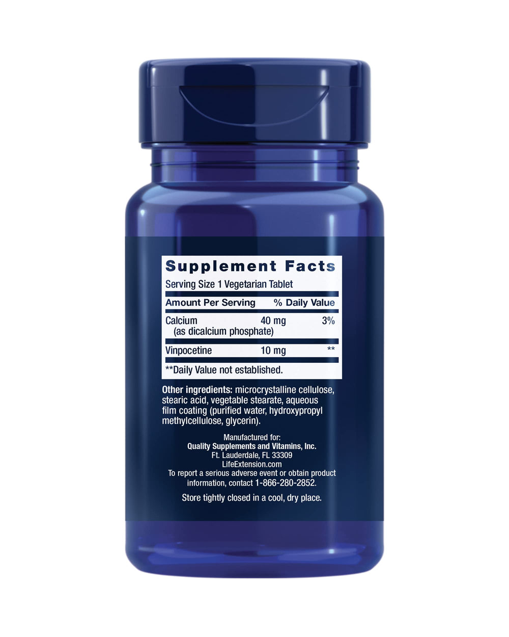 Life Extension Vinpocetine bottle label close-up highlighting gluten-free status.