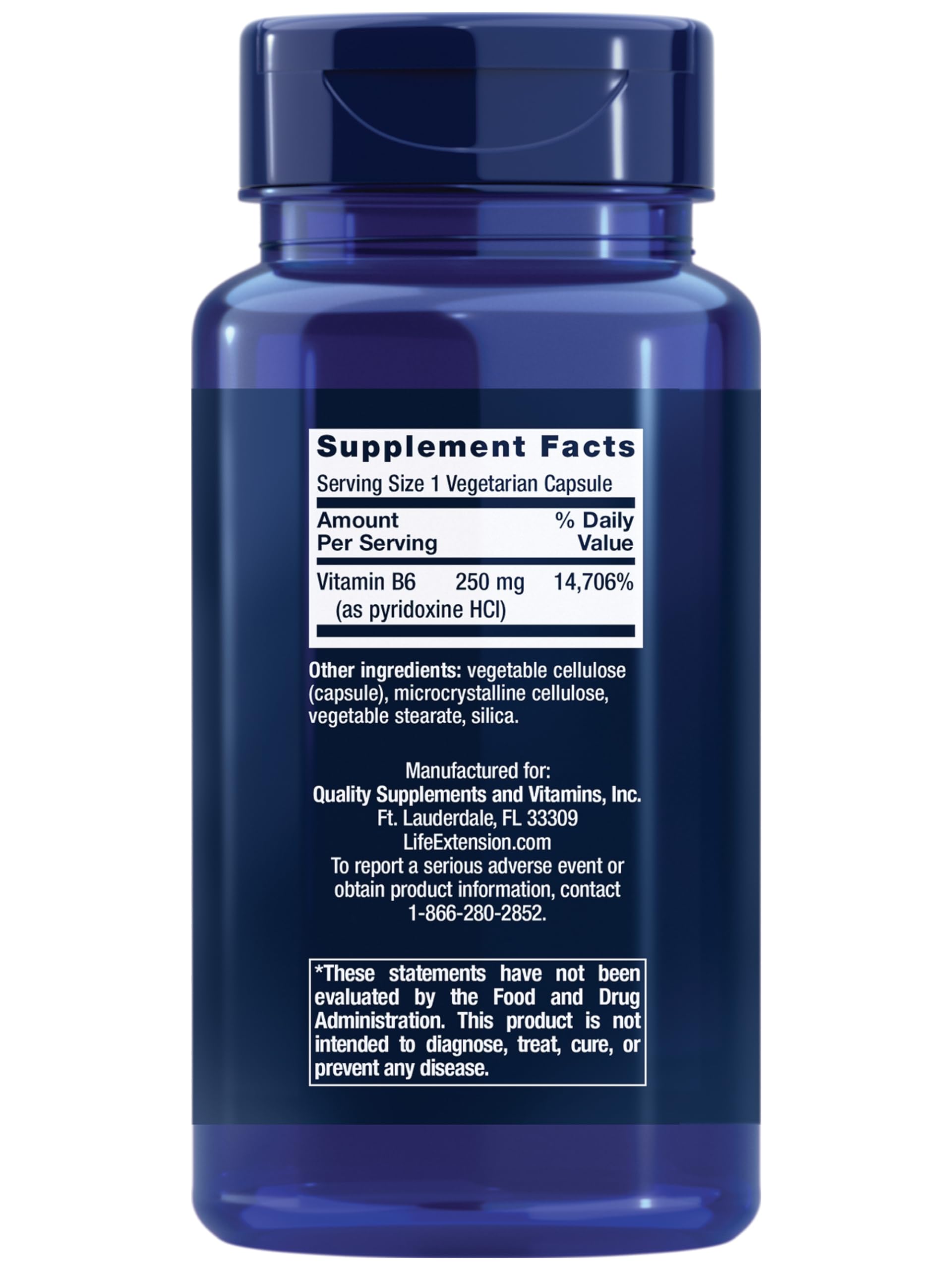Life Extension Vitamin B6 bottle back shows non-GMO gluten-free attributes
