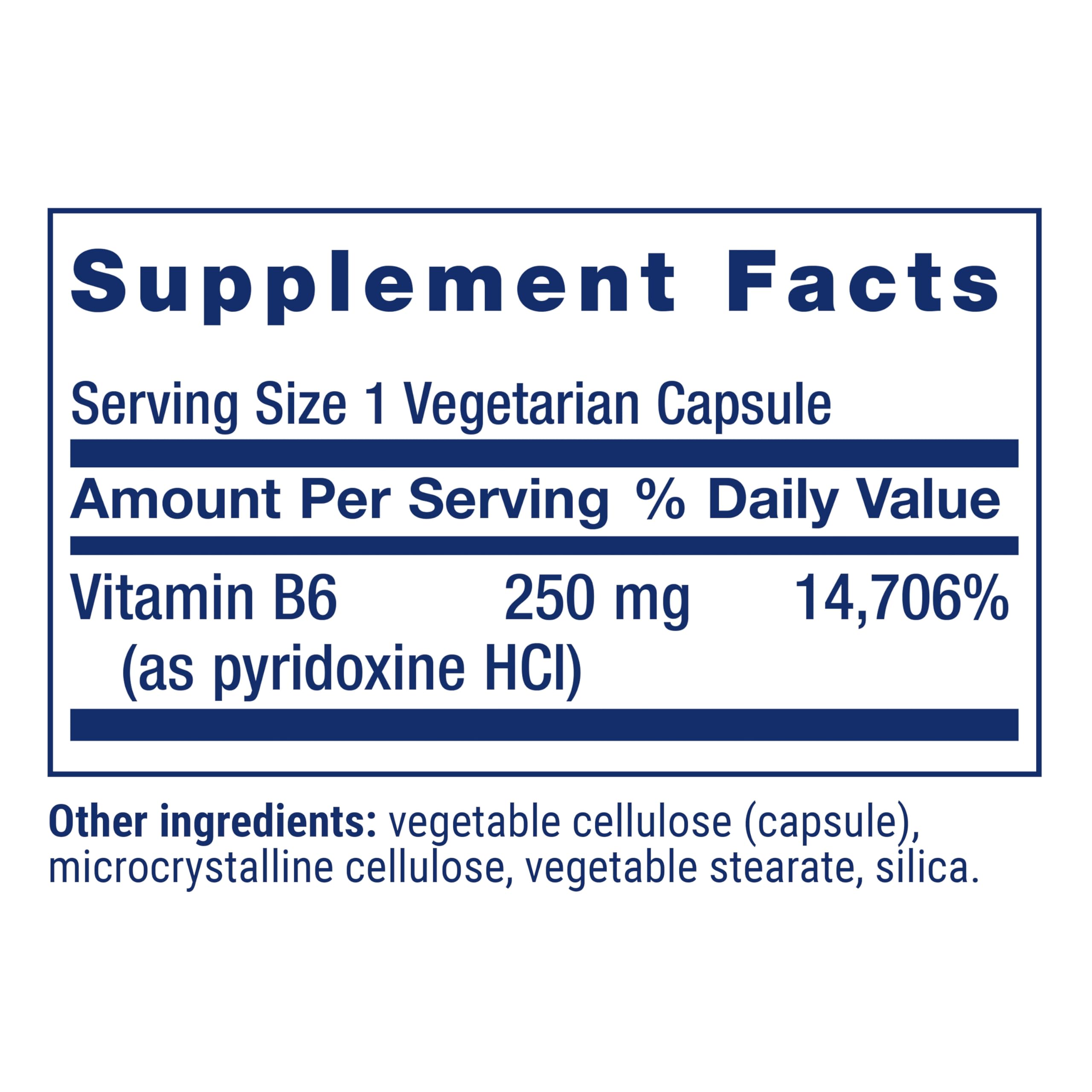 Life Extension Vitamin B6 capsules close-up showing 250 mg dosage