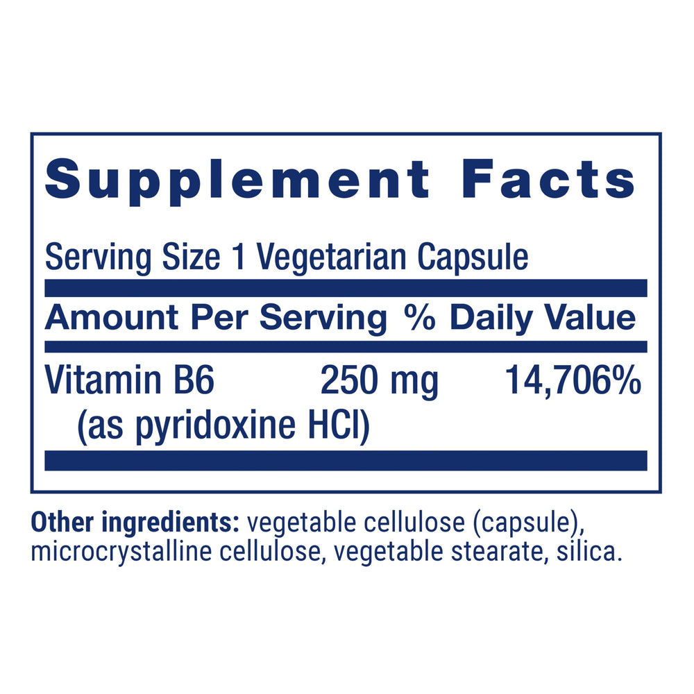 Life Extension Vitamin B6 capsules close-up showing 250 mg dosage