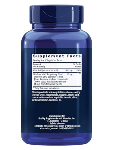 Life Extension Vitamin C and Bio-Quercetin bottle label shows gluten-free, non-GMO quality