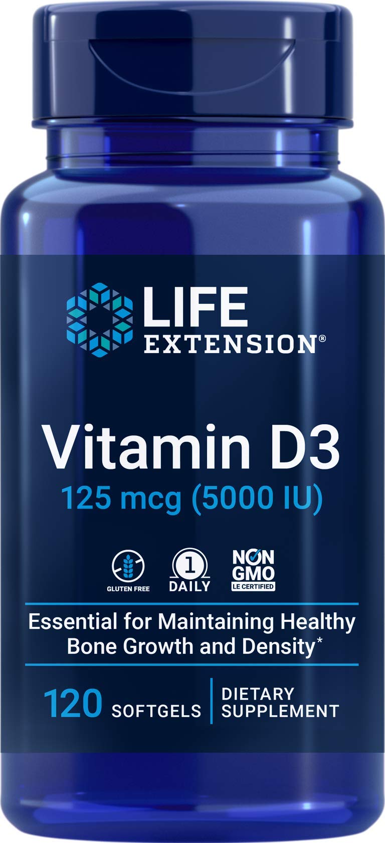 Life Extension Vitamin D3 bottle with softgels supports bone and immune health.
