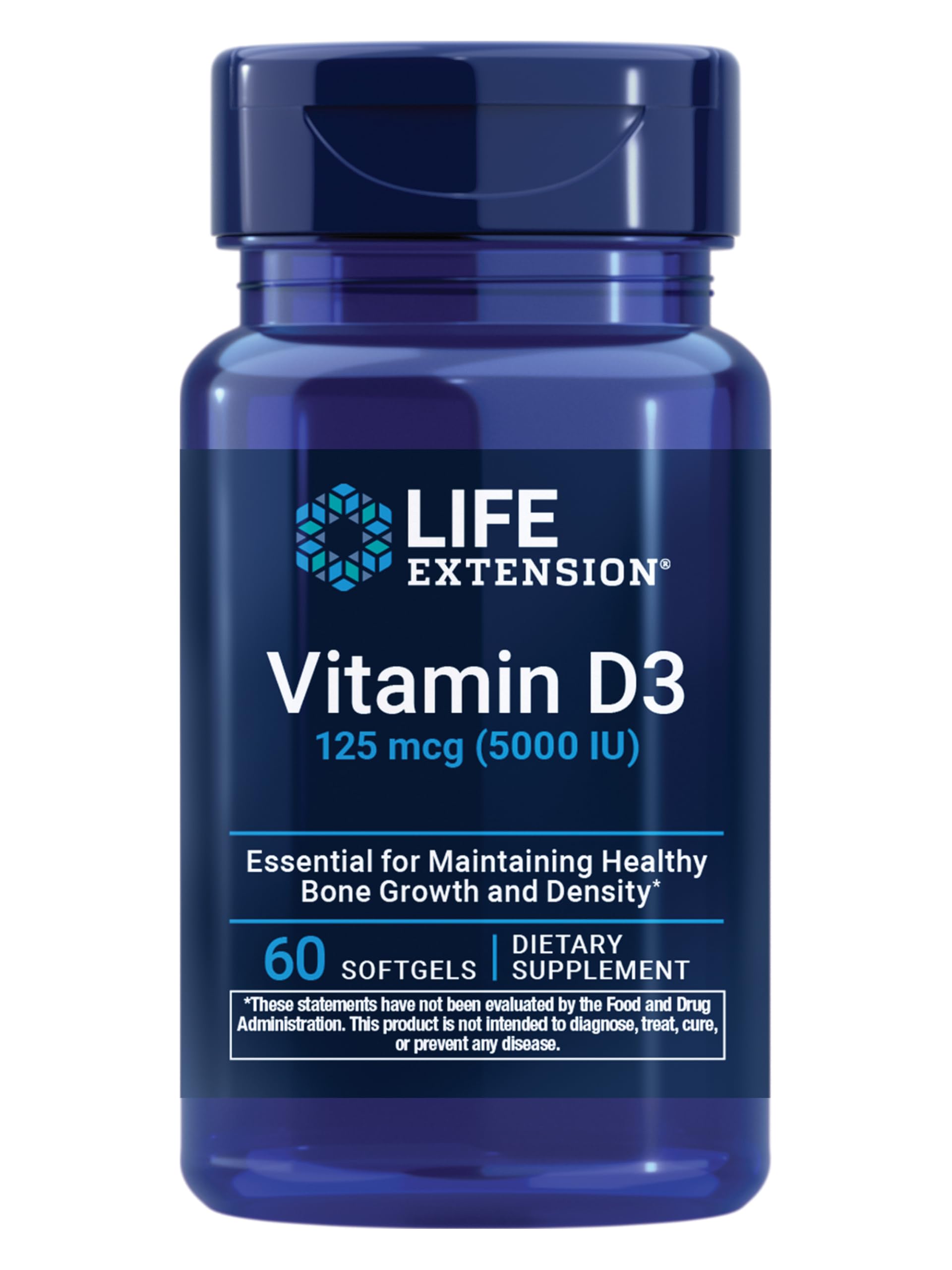 Life Extension Vitamin D3 bottle shows daily dosage for bone and immune support.