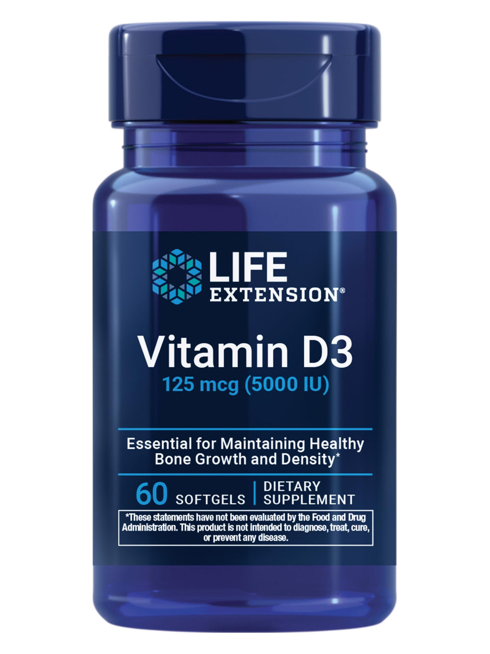Life Extension Vitamin D3 bottle shows daily dosage for bone and immune support.