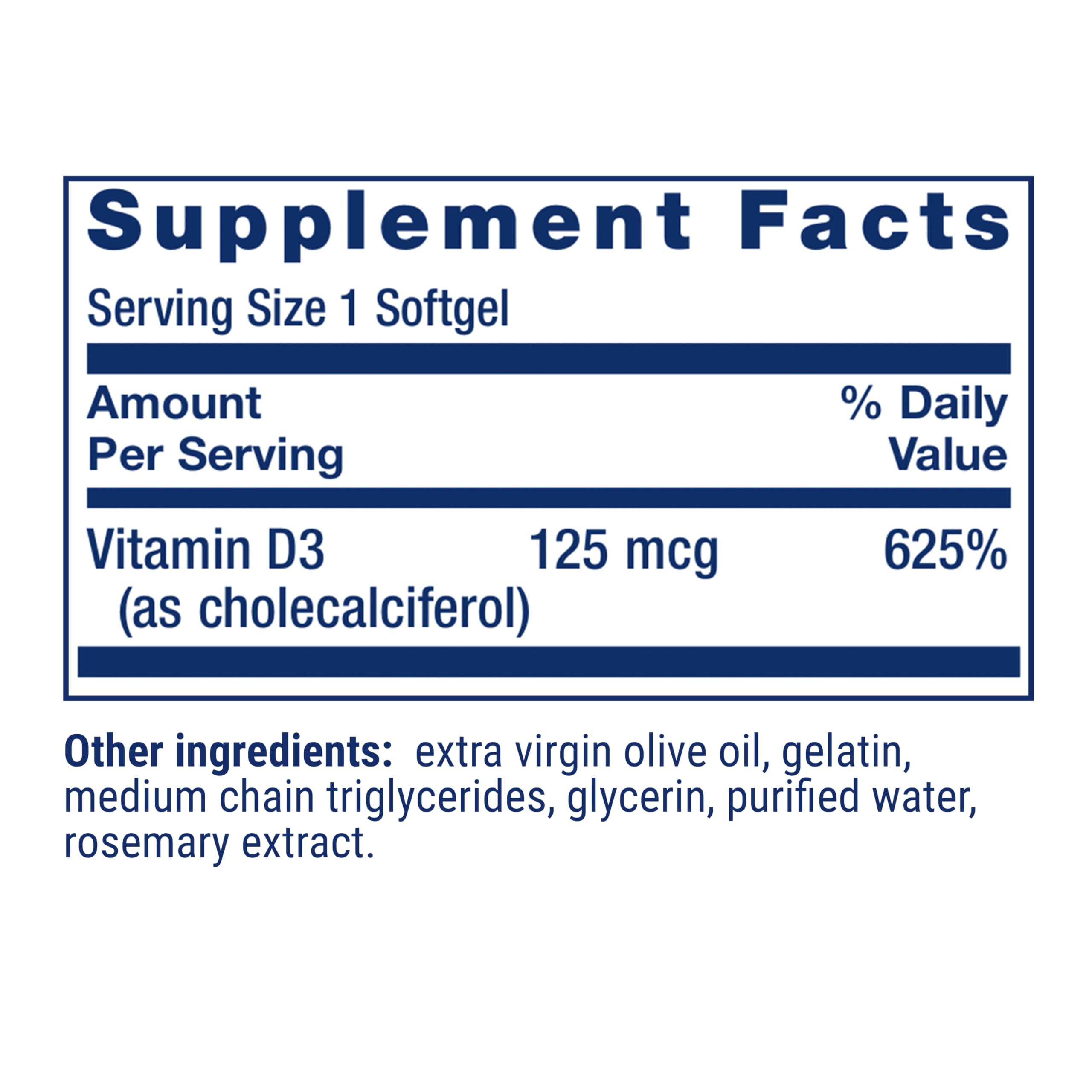 Life Extension Vitamin D3 label detail highlights potency and purity.