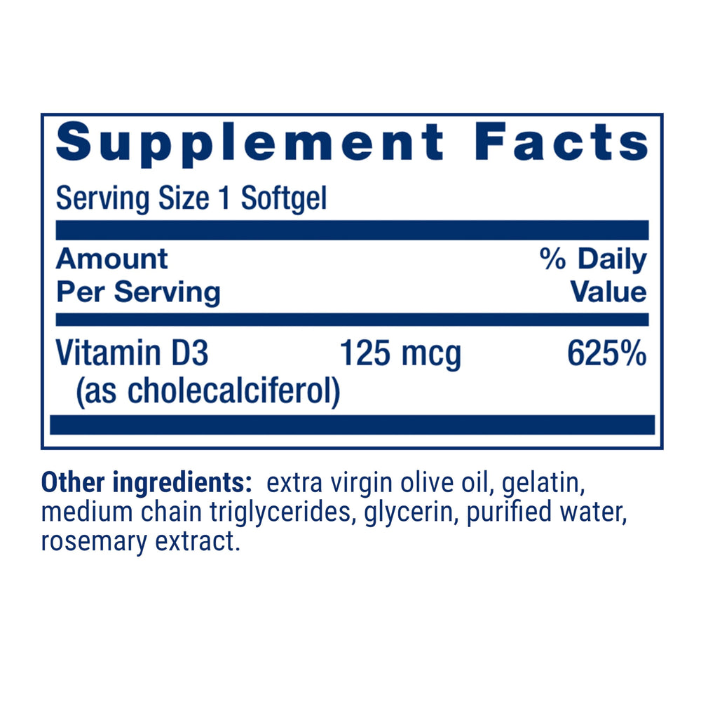 Life Extension Vitamin D3 label detail highlights potency and purity.