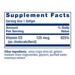 Life Extension Vitamin D3 label detail highlights potency and purity.