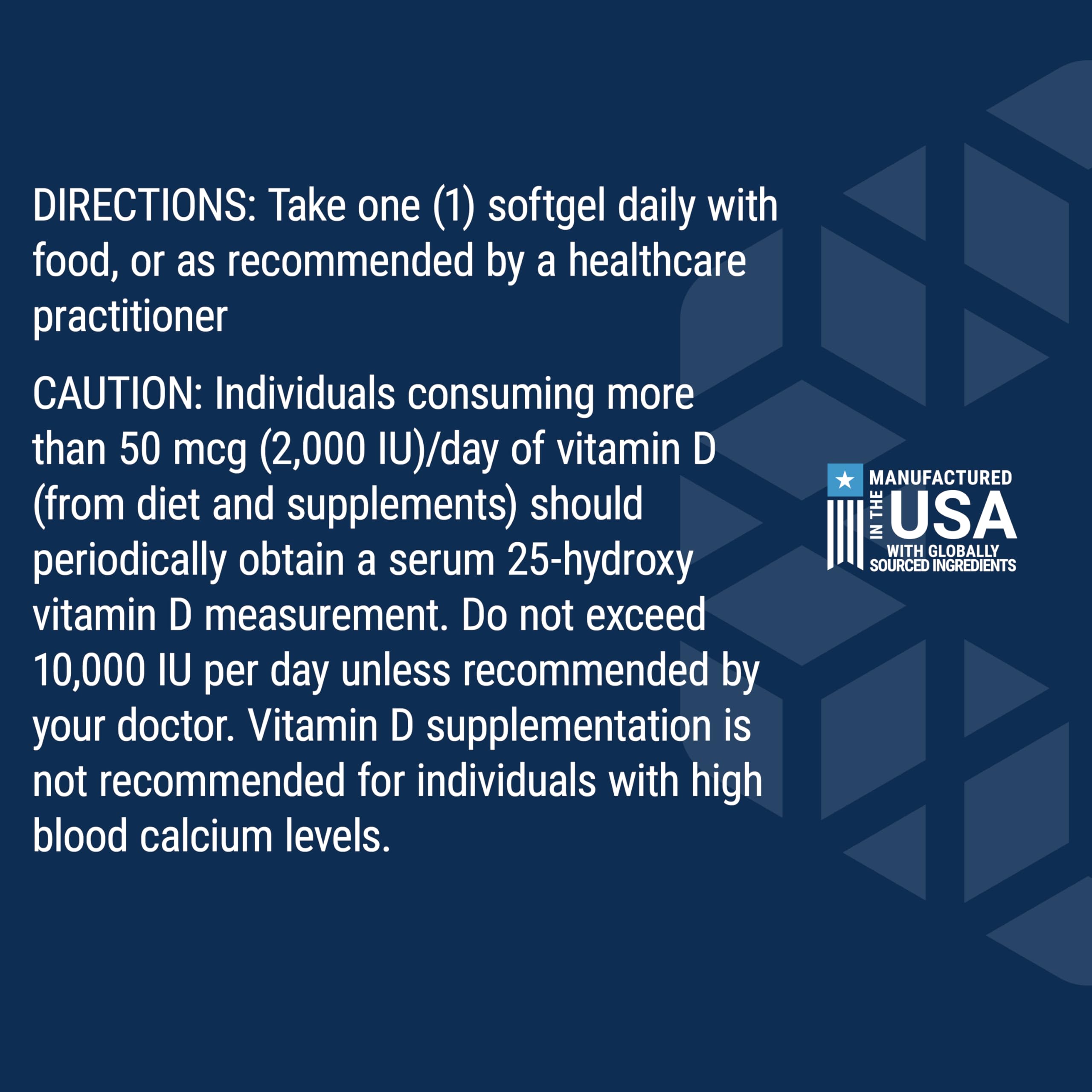 Life Extension Vitamin D3 label header shows 125 mcg per softgel dosage.