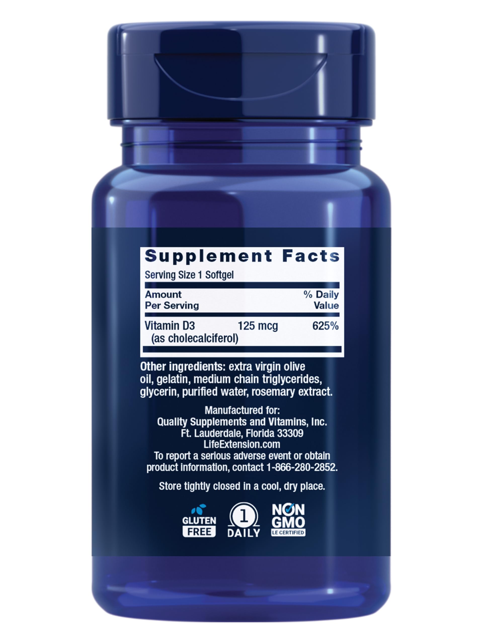 Life Extension Vitamin D3 softgels close-up for daily wellness.
