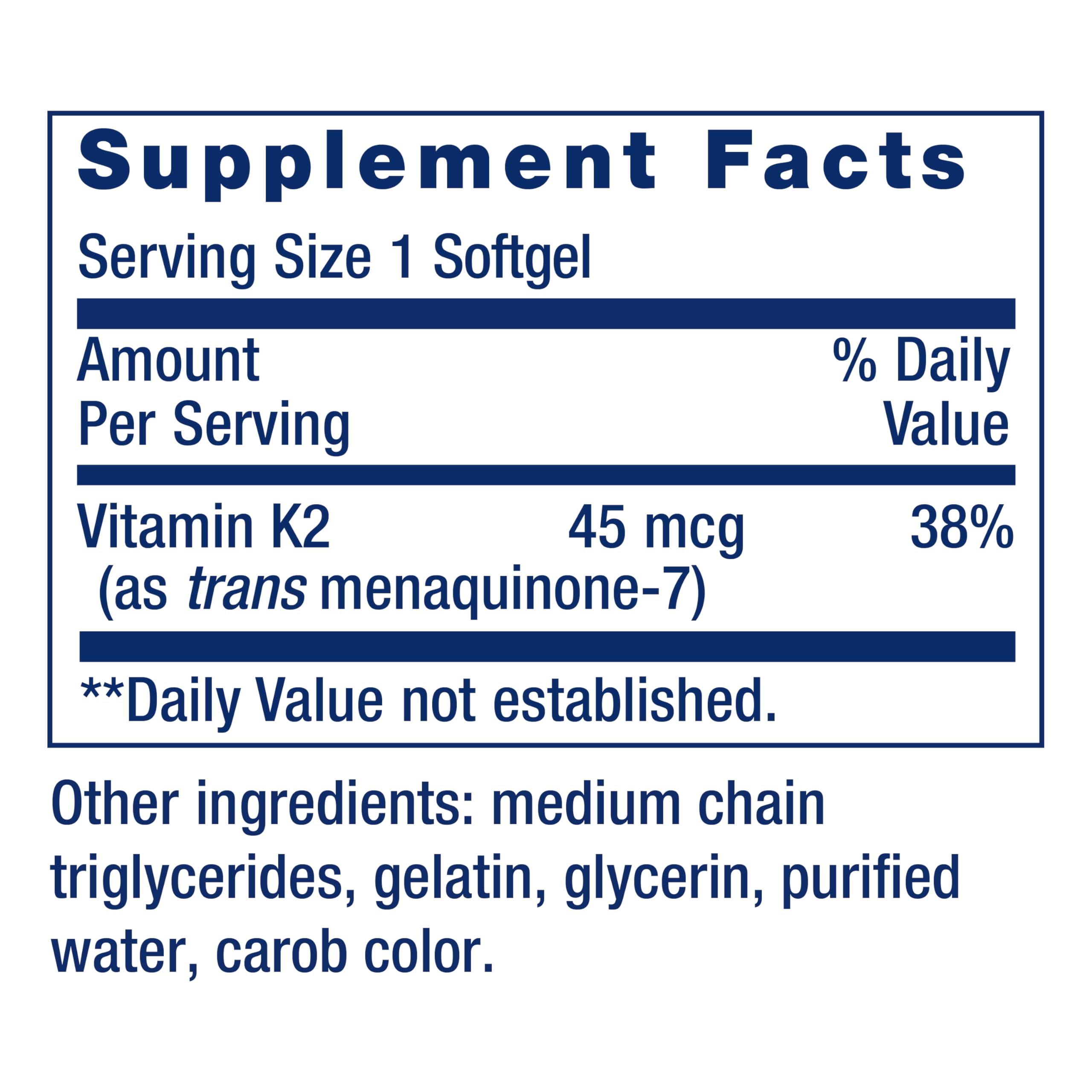 Life Extension vitamin K2 bottle label showing non-GMO and gluten-free claim.