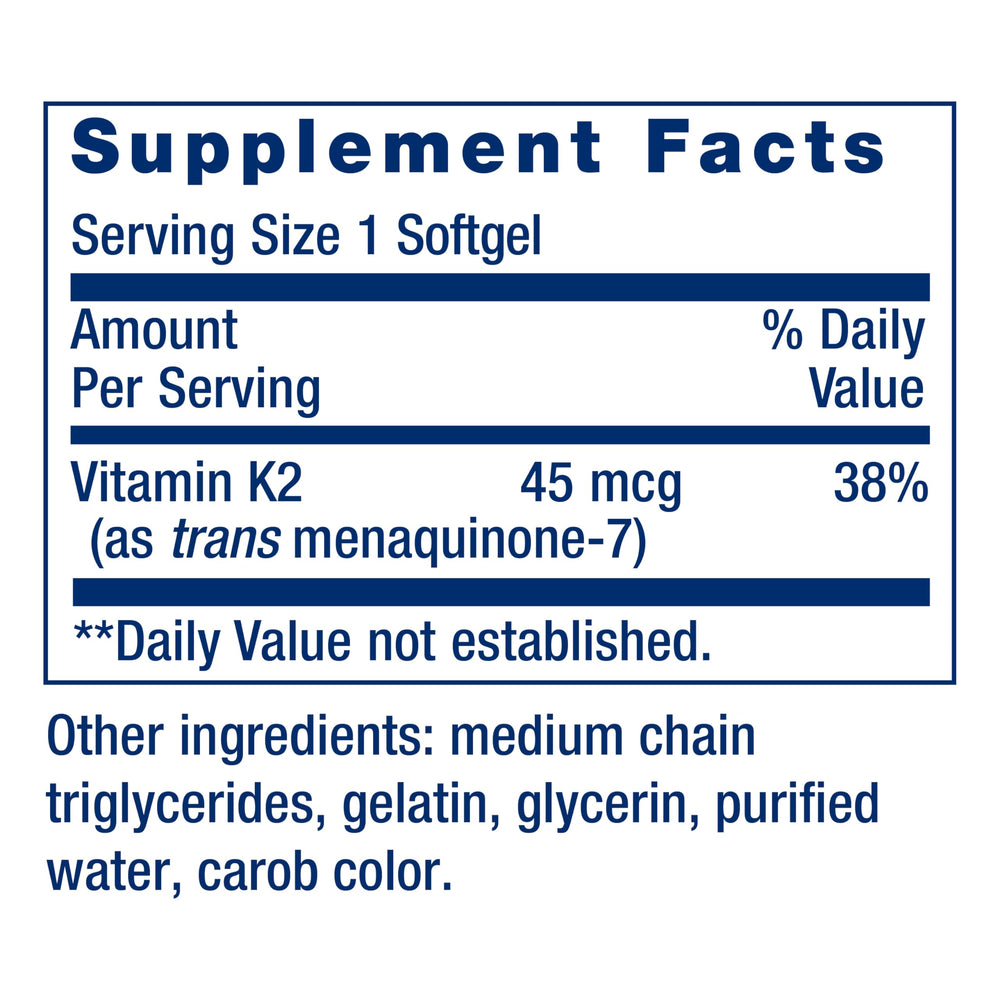 Life Extension vitamin K2 bottle label showing non-GMO and gluten-free claim.