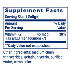 Life Extension vitamin K2 bottle label showing non-GMO and gluten-free claim.