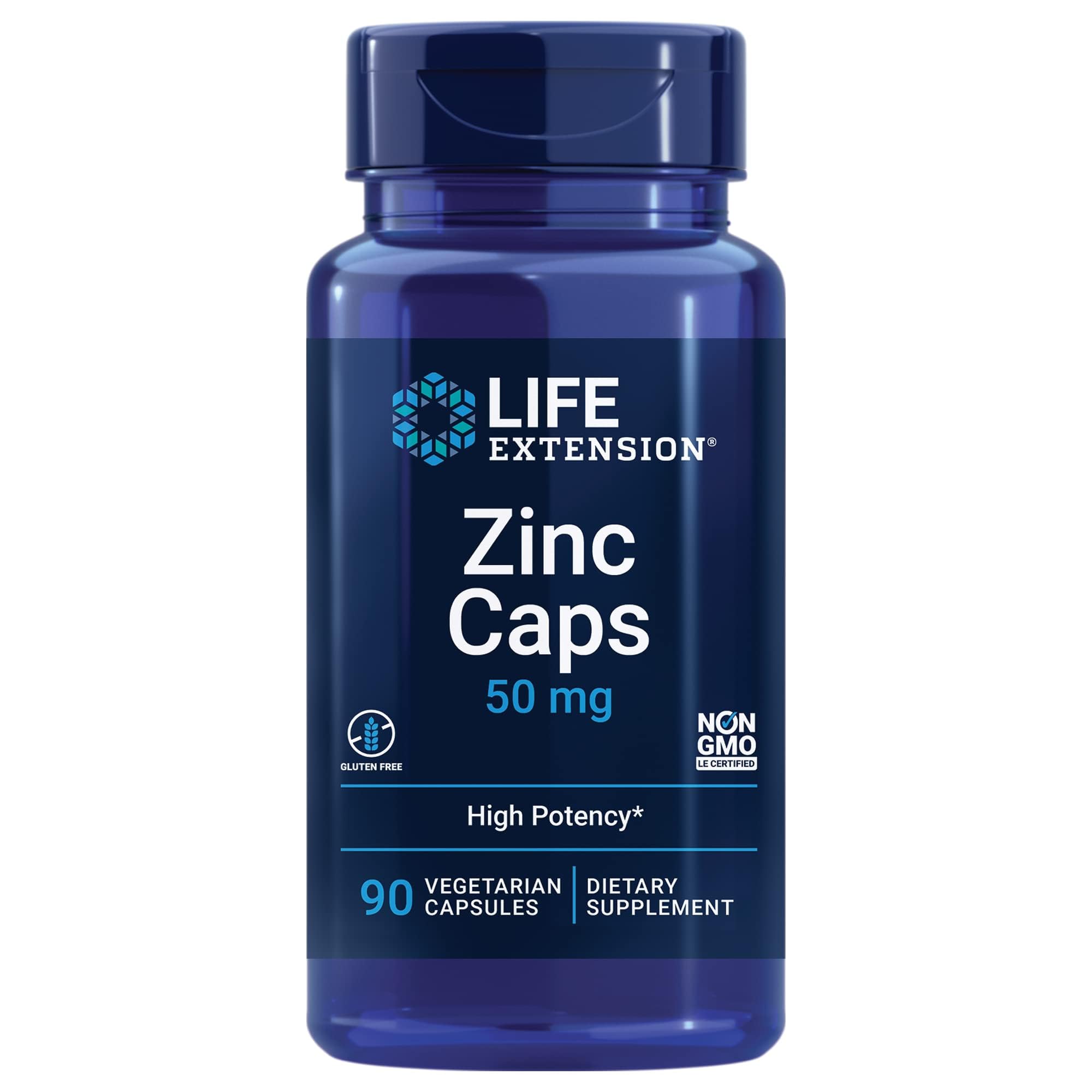 Life Extension Zinc Caps bottle front shows 50 mg zinc for immune support
