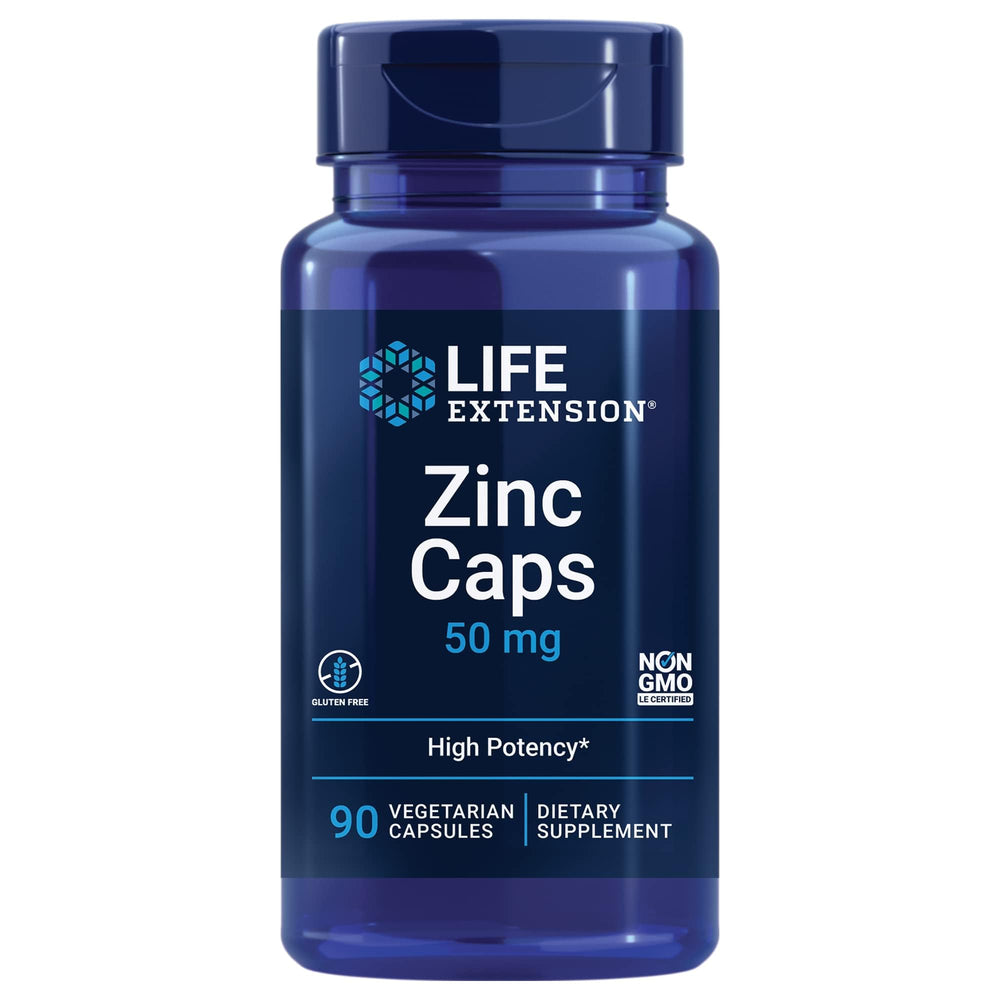 Life Extension Zinc Caps bottle front shows 50 mg zinc for immune support