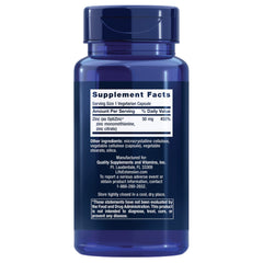 Life Extension Zinc Caps bottle side highlights easy daily capsule intake