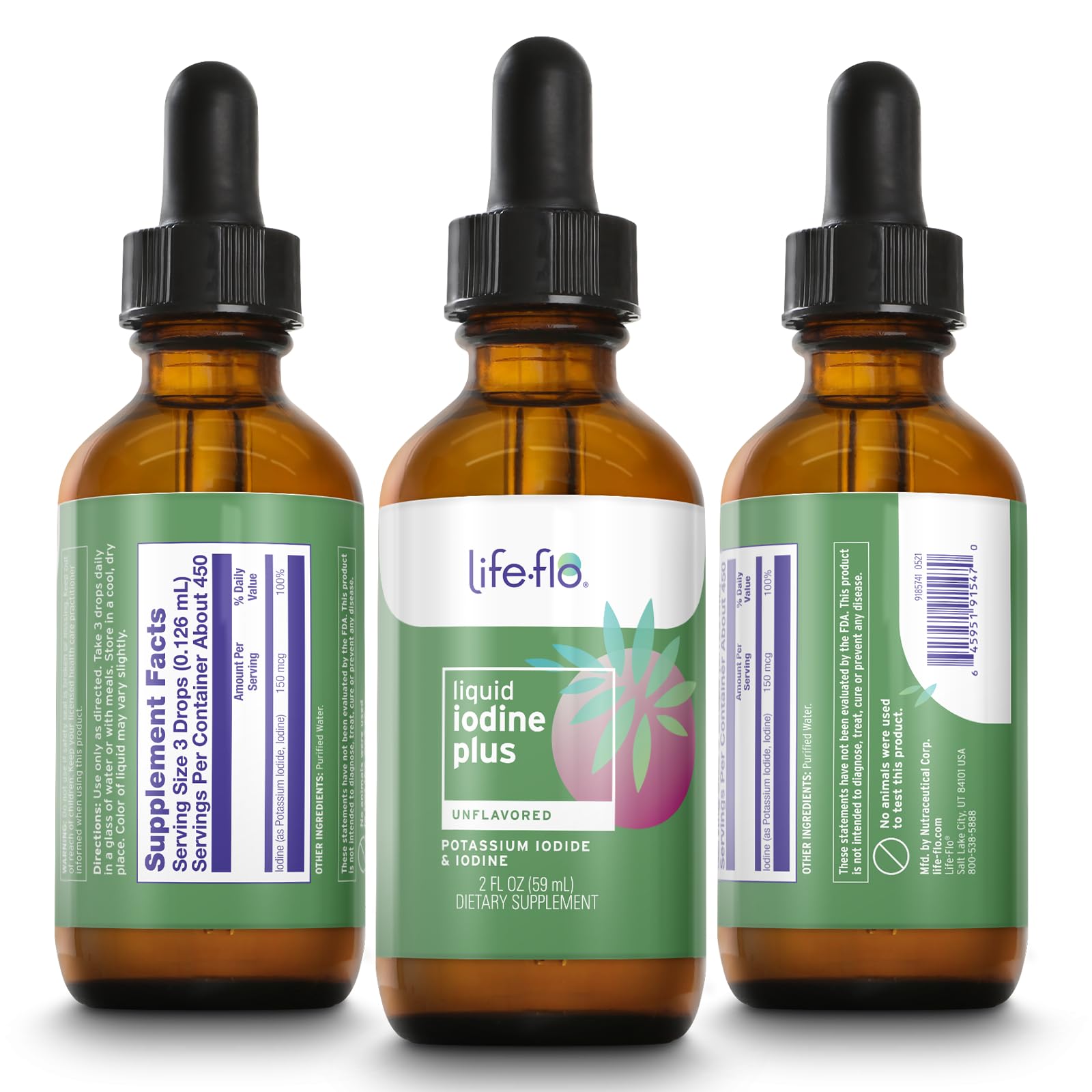 Close-up of Life-Flo iodine label on bottle