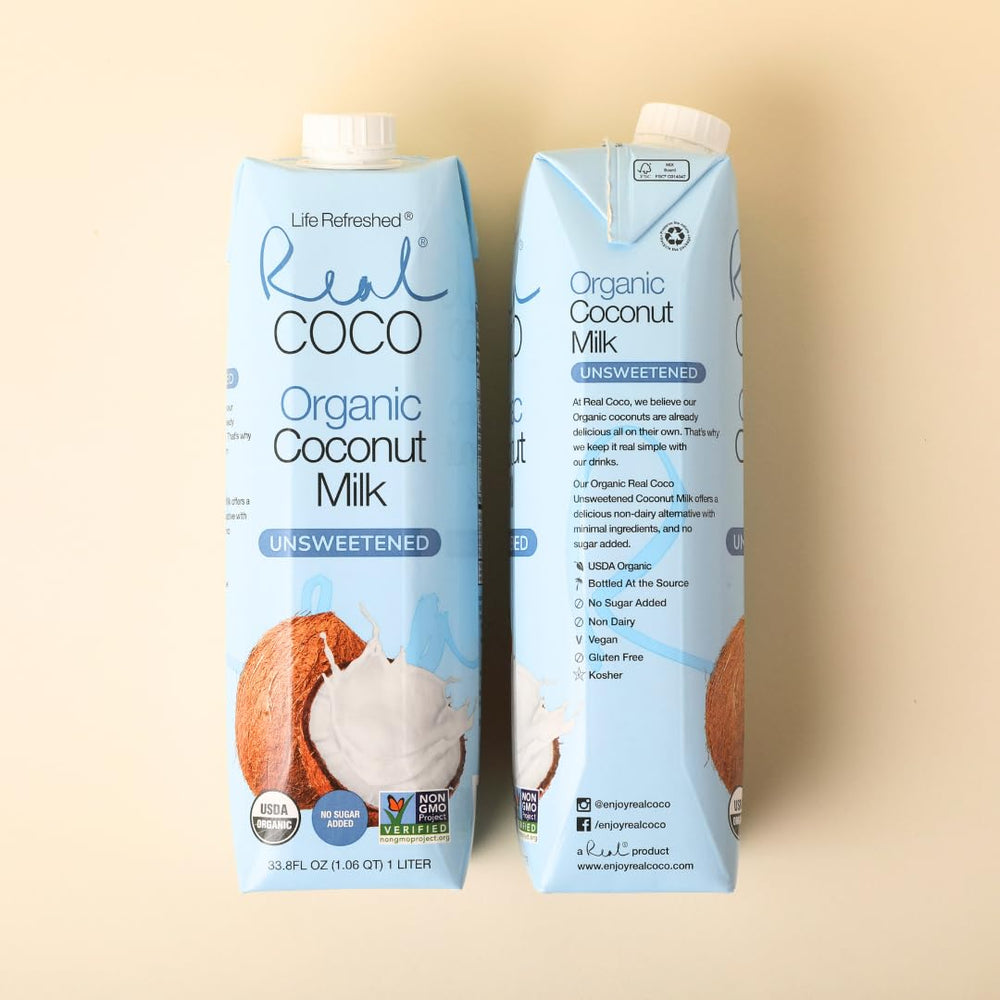Life Refreshed Real Coco 1L bottle on shelf, convenient dairy-free milk