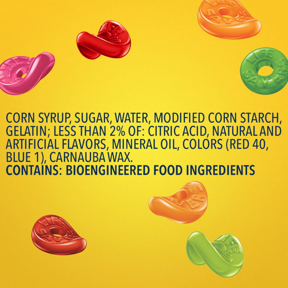 Life Savers 5 Flavors gummy candy bag closeup texture, chewy fruit goodness in every bite.