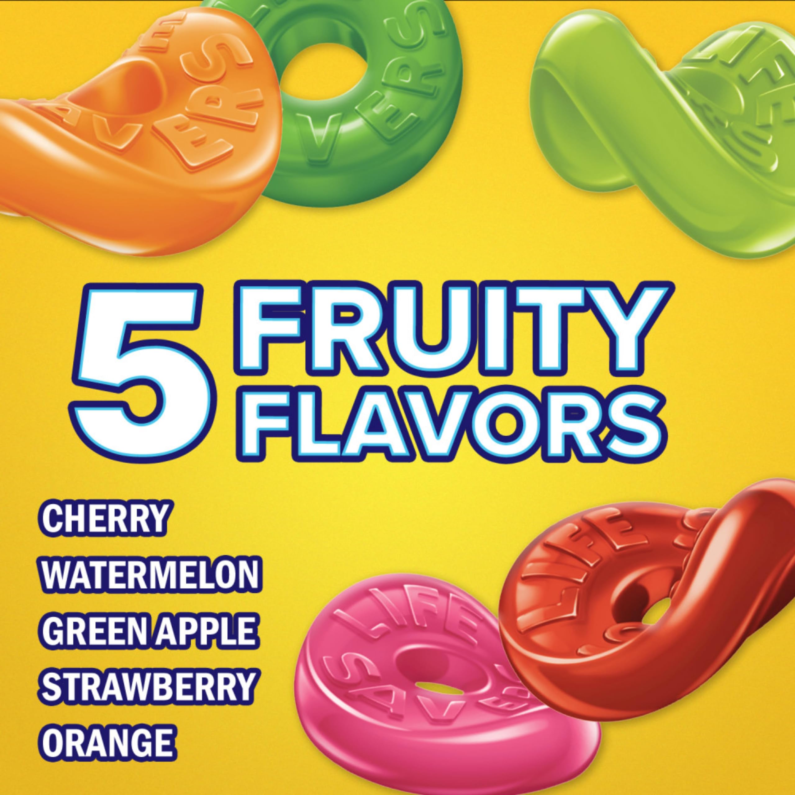 Life Savers 5 Flavors gummy candy flavor mix, cherry to orange for variety.